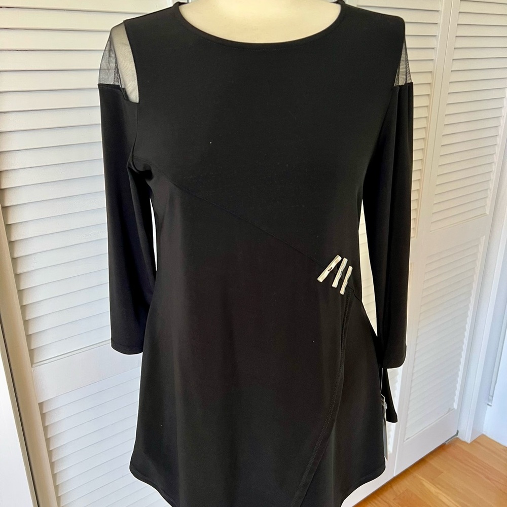 Brand new black IC by Connie K brand black top with sheer shoulders